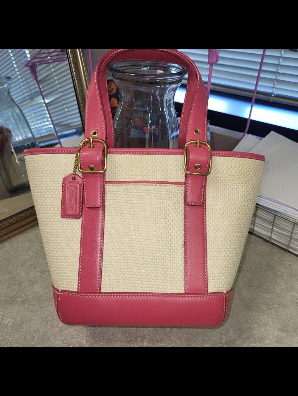 Vtg Y2K Coach Hampton Woven Straw Mini Tote Bag Hot Pink EUC Style 8909 Rare